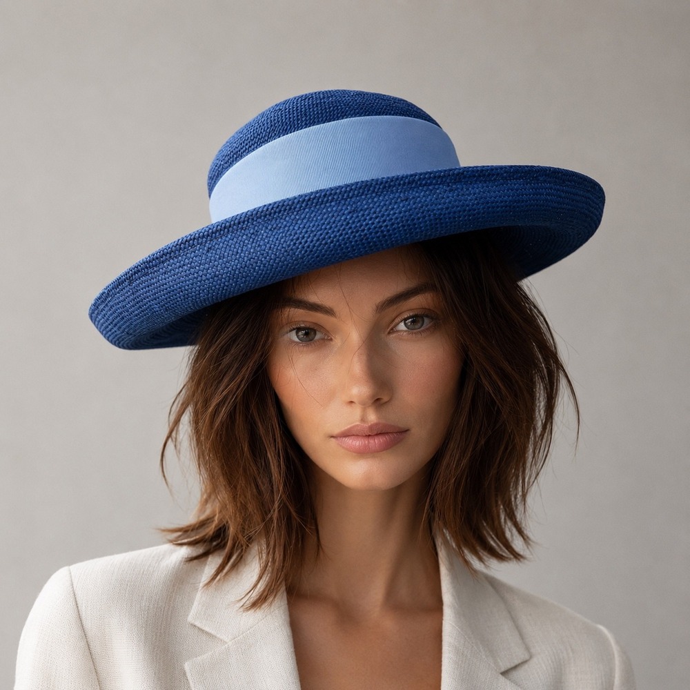 Vintage Royal Blue Straw Sun Hat with Light Blue Grosgrain Ribbon Bow Accent